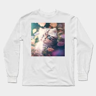 Cute Grey Kitten Floral Background | White, brown and grey cat with blue eyes | Digital art Sticker Long Sleeve T-Shirt